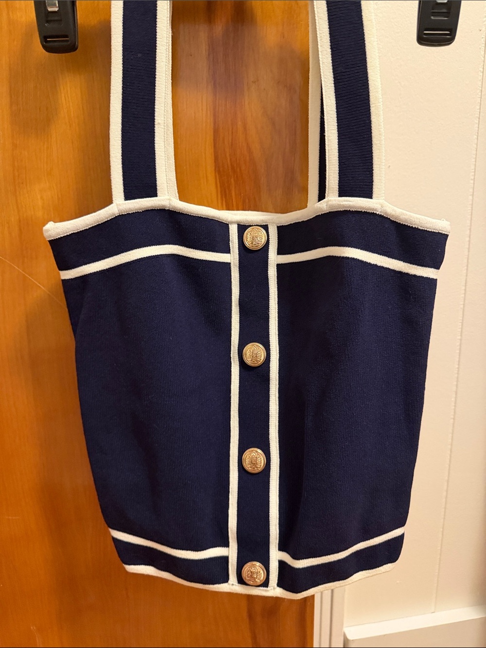 Navy and White Tank with Gold Buttons